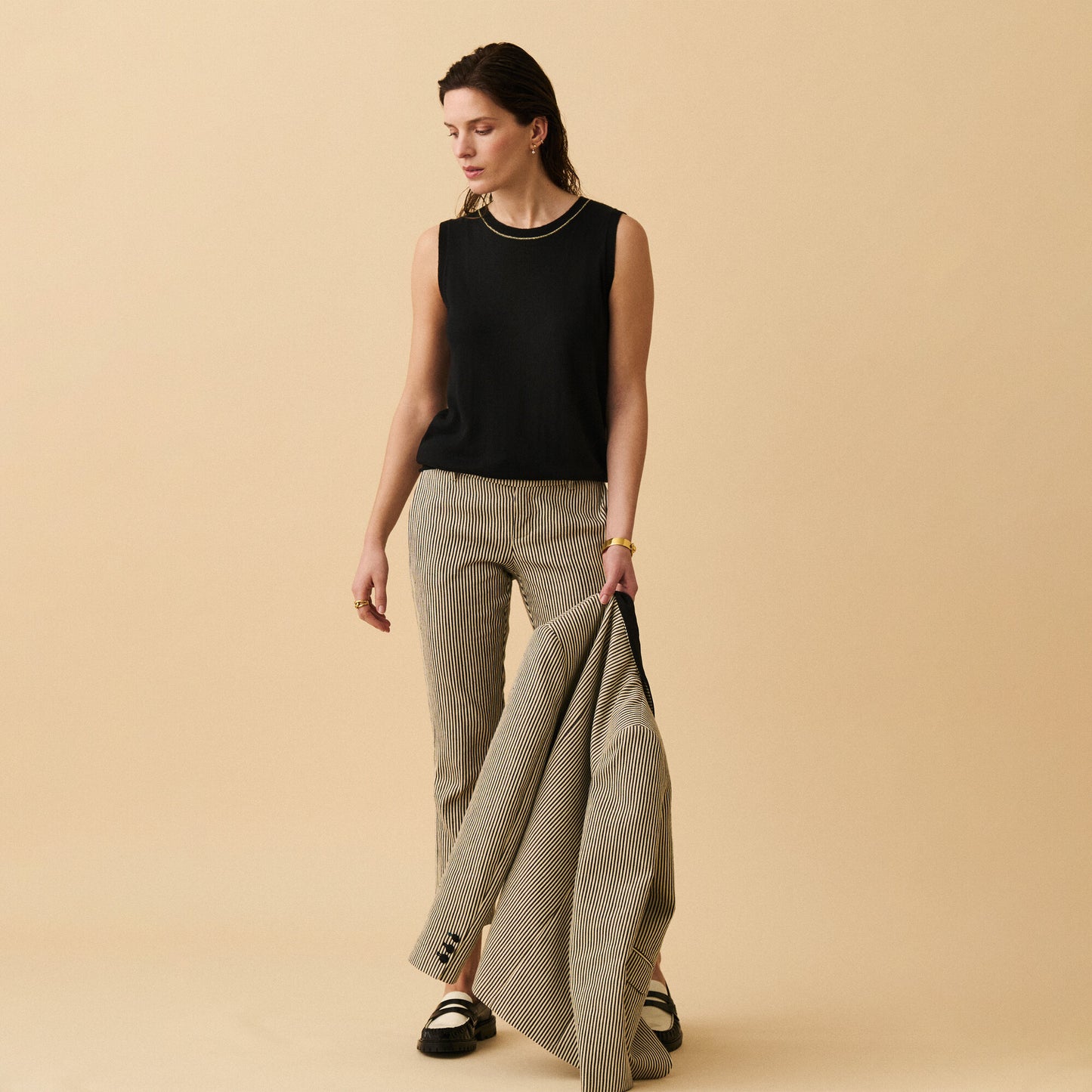 Black &amp; white striped suit pants