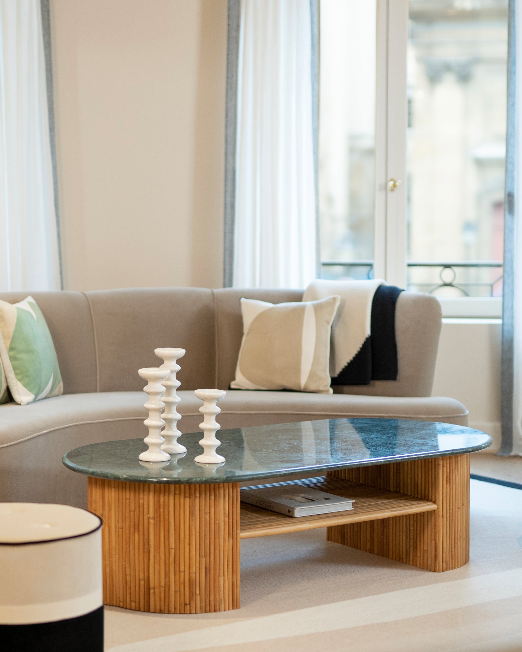 High end Marble and Rattan Green Riviera Coffee Table | Maison